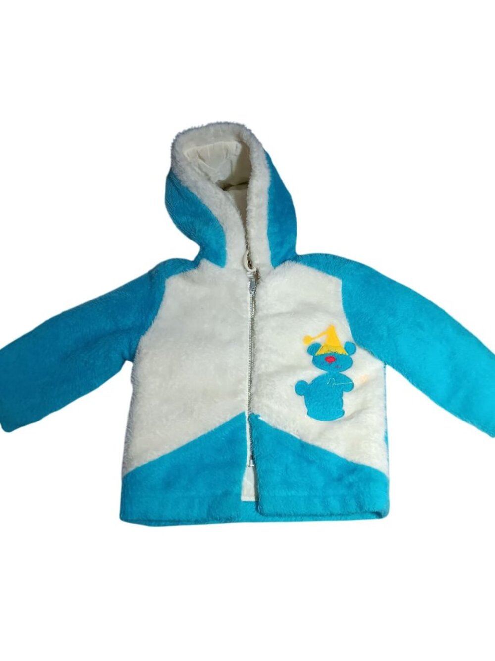 Vtg 70's Boys 4T Coat Montgomery Ward Baby Blue Hooded Bear Pile Jacket Quilted